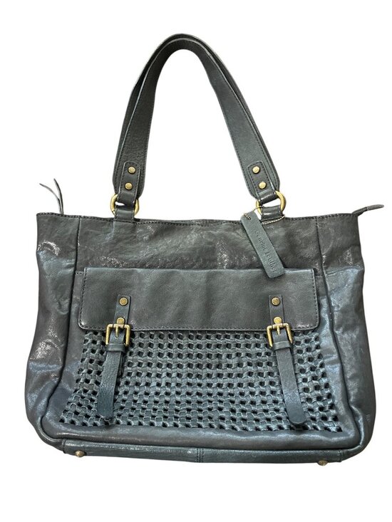 Nino BOSSI Handbags - Nino Bossi Black Leather Tote Bag With Woven Front Pocket & Brass Accents